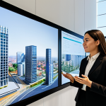 A professional team of civil engineers and architects in modest business attire, fully clothed, collaborate intently around an interactive holographic display showcasing a detailed Building Information Modeling (BIM) project. The digital twin on the display highlights the use of bio-sourced materials like cross-laminated timber and advanced energy-saving systems. The background features a modern, clean office environment with large windows overlooking a smart city skyline under clear skies. Perfect anatomy, correct proportions, natural pose, well-formed hands, proper finger count, natural body proportions. Safe for work, appropriate content, fully clothed, professional dress, high-resolution.