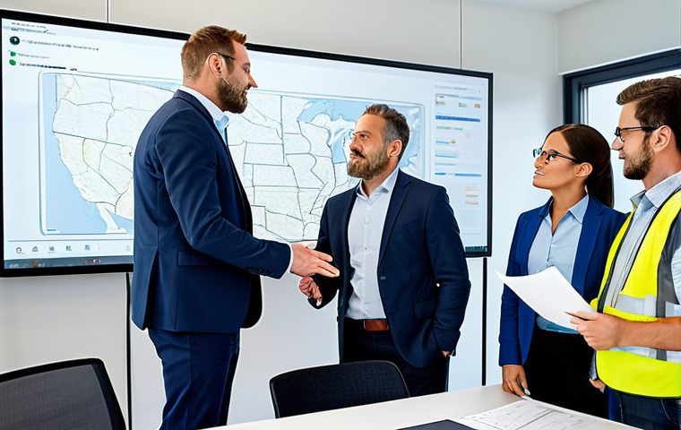 A diverse group of professional civil engineers and construction managers, fully clothed in appropriate, modest business attire and safety vests, are actively collaborating around a large digital project plan on a screen within a modern, well-lit construction site office. They are engaged in a dynamic discussion, gesturing towards the screen and exchanging ideas. The atmosphere is one of focused teamwork and problem-solving, showcasing strong human synergy and clear communication. Perfect anatomy, correct proportions, natural pose, well-formed hands, proper finger count. Safe for work, appropriate content, fully clothed, professional, high-quality, high-resolution photography.