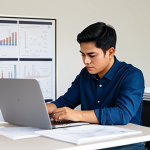 A focused professional civil engineering student, fully clothed in a modest, smart casual outfit, meticulously reviewing mock test papers and blueprints at a well-lit desk in a quiet, organized study room. A laptop screen displays complex structural analysis diagrams. The scene emphasizes dedication and learning, with a warm, encouraging atmosphere. safe for work, appropriate content, perfect anatomy, correct proportions, natural pose, well-formed hands, proper finger count, natural body proportions, family-friendly.