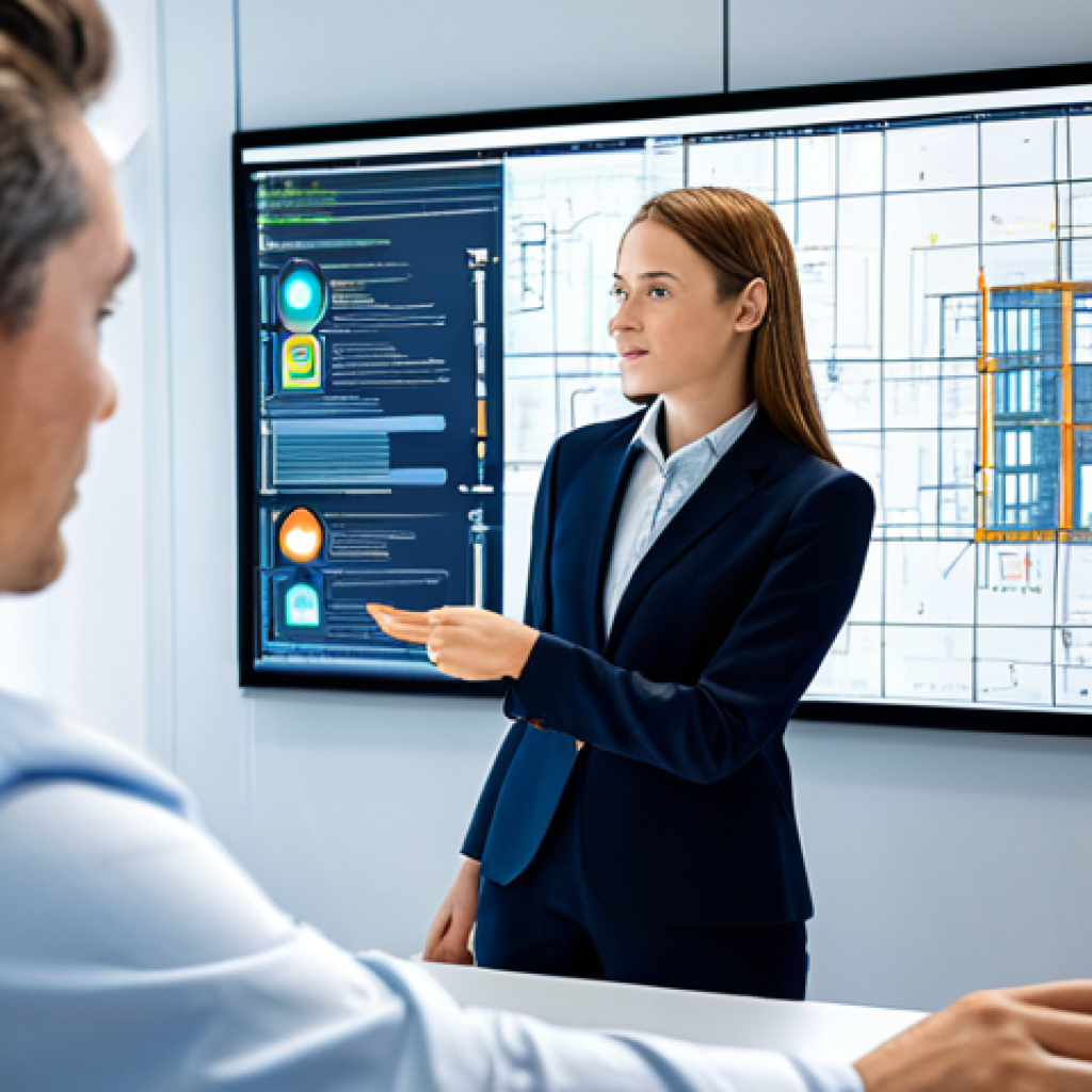 A professional female civil engineer in a modest business suit, standing in a modern, brightly lit engineering office. She is attentively looking at a large interactive screen displaying a detailed 3D Building Information Model (BIM) of a complex urban infrastructure project. Her hand is gesturing towards a dynamic digital checklist overlayed on the model, highlighting a specific structural analysis point. The background features other colleagues working diligently at their desks, with architectural plans and digital schematics visible. The overall atmosphere is one of innovation and collaboration. Professional photography, hyper-realistic, sharp focus, vibrant colors, perfect anatomy, correct proportions, natural pose, well-formed hands, proper finger count, high resolution, soft studio lighting, safe for work, appropriate content, fully clothed, professional, family-friendly.