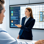 A professional female civil engineer in a modest business suit, standing in a modern, brightly lit engineering office. She is attentively looking at a large interactive screen displaying a detailed 3D Building Information Model (BIM) of a complex urban infrastructure project. Her hand is gesturing towards a dynamic digital checklist overlayed on the model, highlighting a specific structural analysis point. The background features other colleagues working diligently at their desks, with architectural plans and digital schematics visible. The overall atmosphere is one of innovation and collaboration. Professional photography, hyper-realistic, sharp focus, vibrant colors, perfect anatomy, correct proportions, natural pose, well-formed hands, proper finger count, high resolution, soft studio lighting, safe for work, appropriate content, fully clothed, professional, family-friendly.