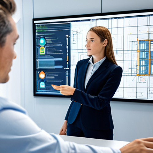 Home 22 A professional female civil engineer in a modest business suit, standing in a modern, brightly lit engineering office. She is attentively looking at a large interactive screen displaying a detailed 3D Building Information Model (BIM) of a complex urban infrastructure project. Her hand is gesturing towards a dynamic digital checklist overlayed on the model, highlighting a specific structural analysis point. The background features other colleagues working diligently at their desks, with architectural plans and digital schematics visible. The overall atmosphere is one of innovation and collaboration. Professional photography, hyper-realistic, sharp focus, vibrant colors, perfect anatomy, correct proportions, natural pose, well-formed hands, proper finger count, high resolution, soft studio lighting, safe for work, appropriate content, fully clothed, professional, family-friendly.