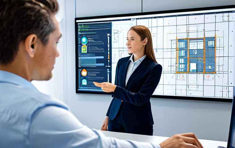 A professional female civil engineer in a modest business suit, standing in a modern, brightly lit engineering office. She is attentively looking at a large interactive screen displaying a detailed 3D Building Information Model (BIM) of a complex urban infrastructure project. Her hand is gesturing towards a dynamic digital checklist overlayed on the model, highlighting a specific structural analysis point. The background features other colleagues working diligently at their desks, with architectural plans and digital schematics visible. The overall atmosphere is one of innovation and collaboration. Professional photography, hyper-realistic, sharp focus, vibrant colors, perfect anatomy, correct proportions, natural pose, well-formed hands, proper finger count, high resolution, soft studio lighting, safe for work, appropriate content, fully clothed, professional, family-friendly.