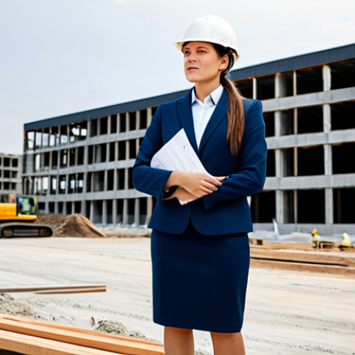 Home 9 **
"A professional female architect in a fully clothed, modest business attire (skirt suit) standing on a construction site, holding blueprints, with a partially constructed modern building in the background, safe for work, appropriate content, perfect anatomy, natural proportions, professional architectural photography, high quality, family-friendly"
**
