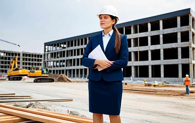 **

"A professional female architect in a fully clothed, modest business attire (skirt suit) standing on a construction site, holding blueprints, with a partially constructed modern building in the background, safe for work, appropriate content, perfect anatomy, natural proportions, professional architectural photography, high quality, family-friendly"

**