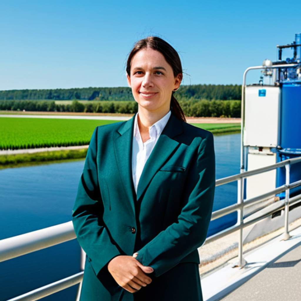Sustainable Water Management**
"A fully clothed female engineer in professional attire, standing beside a modern water treatment plant in the French countryside. Lush green fields and a clear blue sky in the background. The plant features innovative filtration technology. Safe for work, appropriate content, professional, perfect anatomy, natural proportions, high quality."
**
