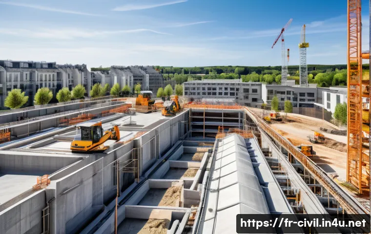 토목공학과 지구온난화 대책 - A modern urban construction site in France showcasing eco-friendly concrete being poured into large ...