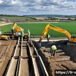 토목공학 시공 단계 문제 해결 사례 - A detailed construction site scene in France featuring a civil engineering team conducting geotechni...
