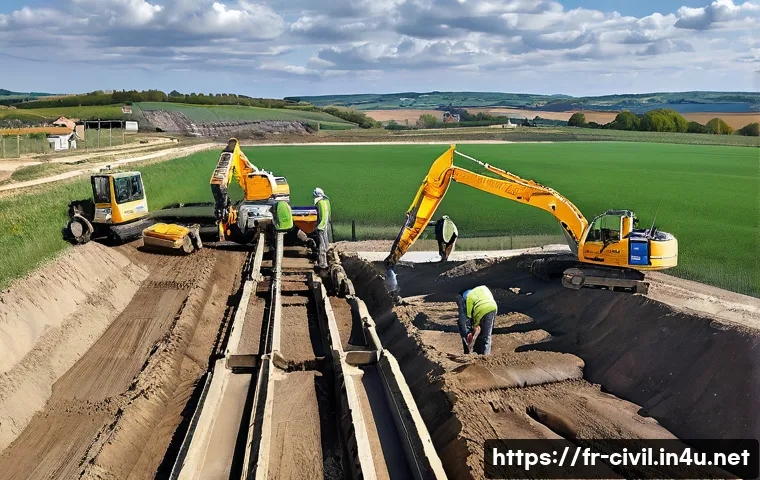토목공학 시공 단계 문제 해결 사례 - A detailed construction site scene in France featuring a civil engineering team conducting geotechni...