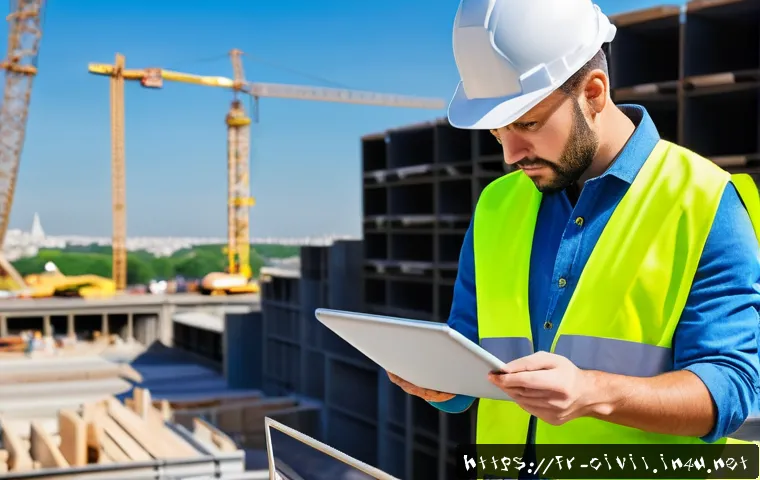 토목공학 직무 교육과정 안내 - A modern civil engineer at a construction site in Paris, wearing a high-visibility safety vest and h...