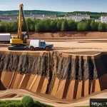 토목공학에서 토질시험의 중요성 - A detailed cross-sectional illustration of various soil types beneath a modern French construction s...