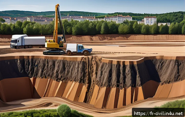 토목공학에서 토질시험의 중요성 - A detailed cross-sectional illustration of various soil types beneath a modern French construction s...