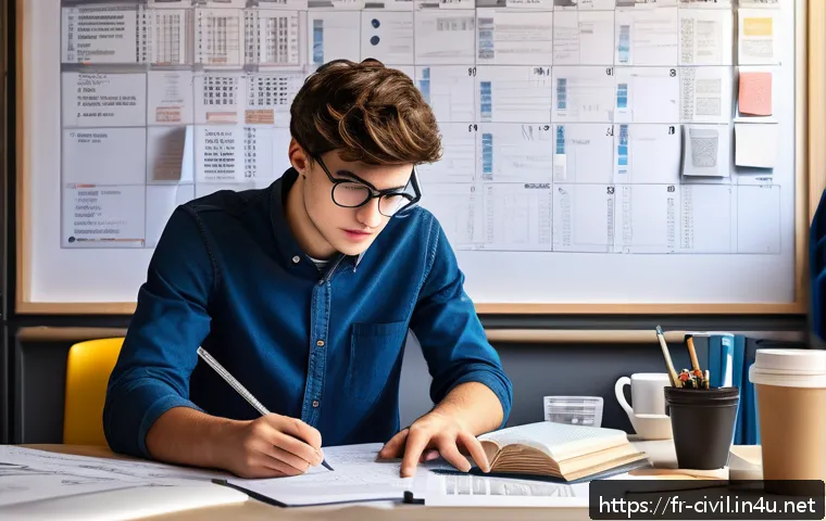 토목기사 실기시험 준비를 위한 팁 - A focused French civil engineering student studying at a modern desk filled with specialized textboo...