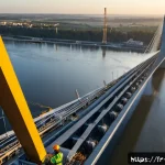 토목공학 분야의 대규모 프로젝트 - Photorealistic panoramic view of a major French civil engineering project, a vast cable-stayed bridg...