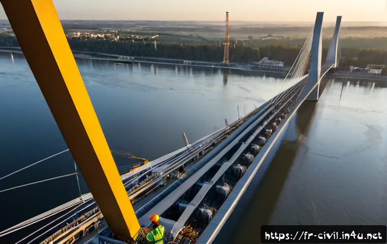토목공학 분야의 대규모 프로젝트 - Photorealistic panoramic view of a major French civil engineering project, a vast cable-stayed bridg...