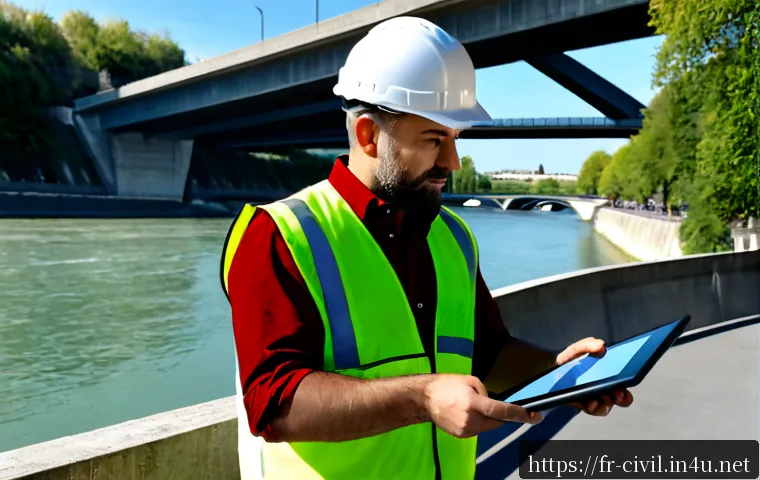 Home 17 토목공학과 디지털 트윈 기술 - Photorealistic civil engineering digital twin scene in France, a middle-aged engineer wearing a safe...