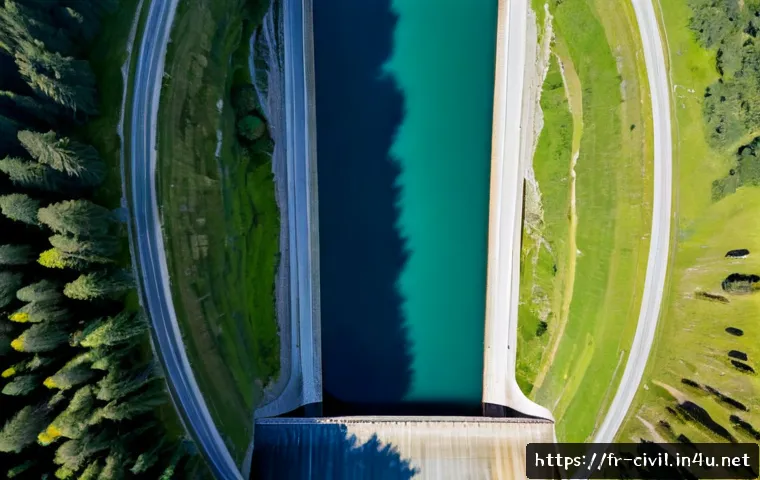 토목공학에서의 댐 설계와 시공 - Photorealistic wide aerial view of a modern concrete arch dam in the French Alpine region, turquoise...